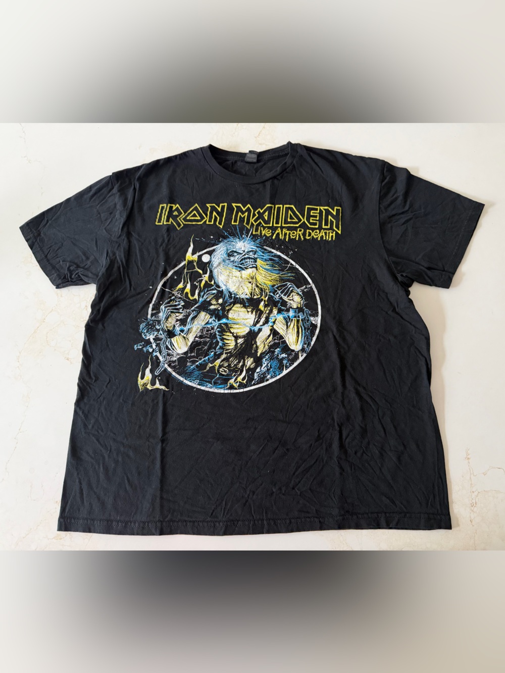 Iron Maiden Live After Death Graphic Tee with Yellow and Blue Print